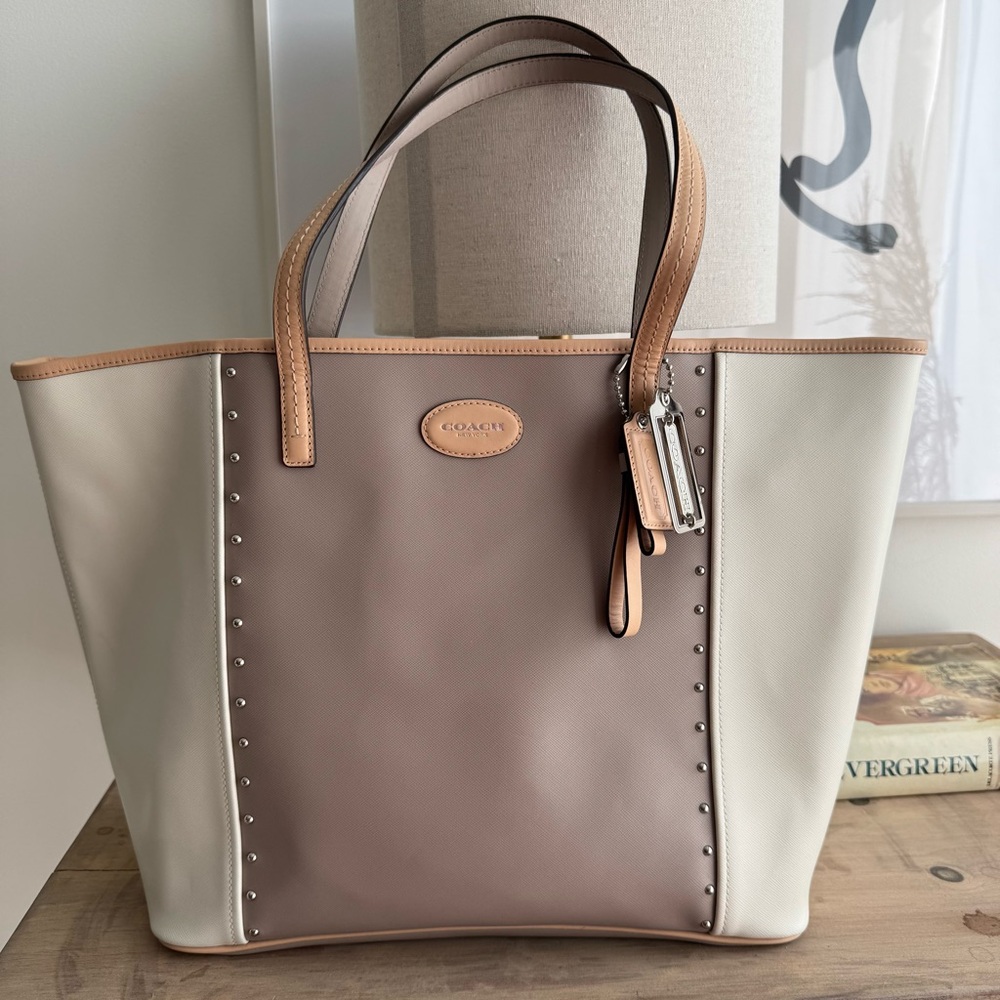 Coach Two-Tone Taupe and Cream Leather Tote